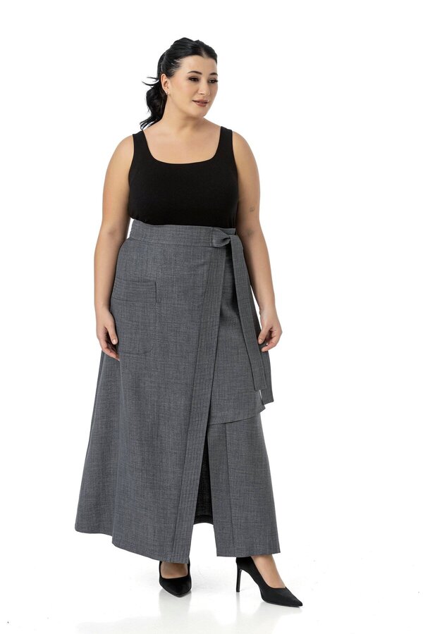 Front Slit-detail Decorative Tie-detail Patch-pocket Midi Skirt — Grey