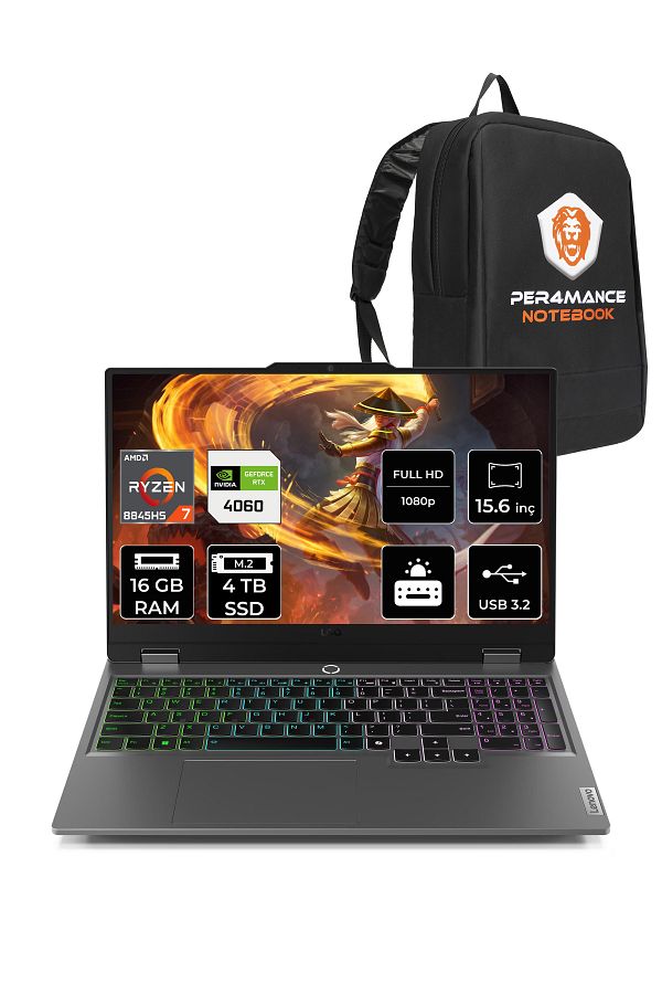 LENOVO LOQ AI R7 8845HS 16GB 4TB SSD RTX4060/8GB 115W FHD 15.6" FDOS Gaming Laptop & PER4 ÇANTA