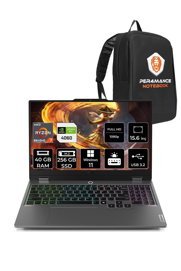 LENOVO LOQ AI R7 8845HS 40GB 256GB SSD RTX4060/8GB 115W FHD 15.6" W11P Gaming Laptop & PER4 ÇANTA