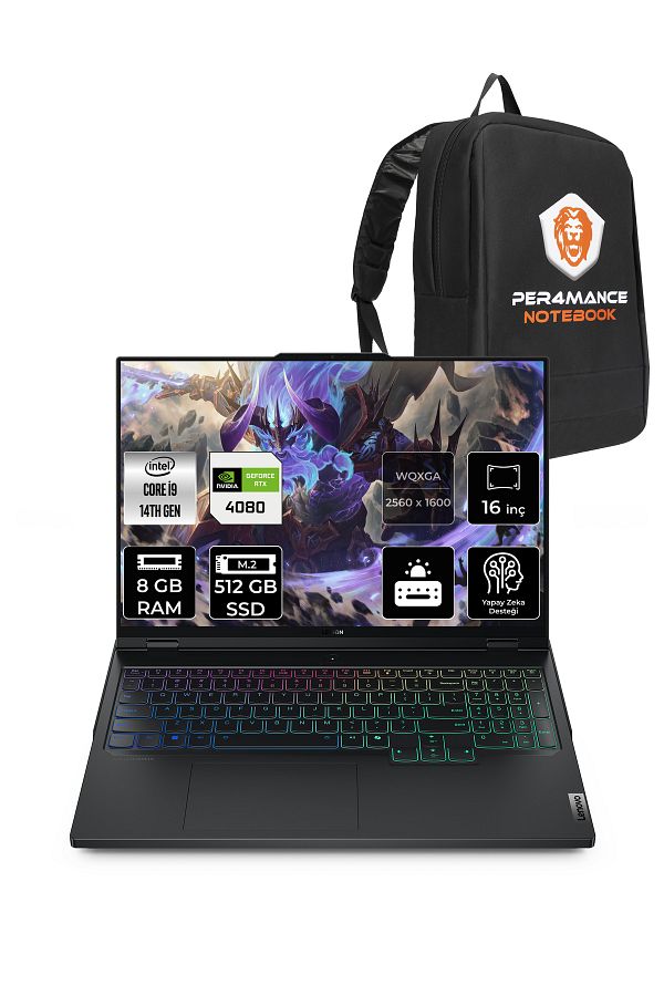 LENOVO Legion Pro 7 i9 14900HX 8GB 512GB SSD RTX4080/12GB 175W 240Hz WQXGA 16" FDOS & PER4 ÇANTA