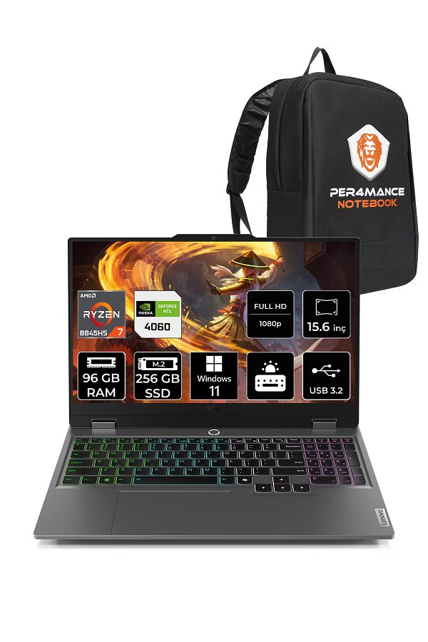 LENOVO LOQ AI R7 8845HS 96GB 256GB SSD RTX4060/8GB 115W FHD 15.6" W11P Gaming Laptop & PER4 ÇANTA