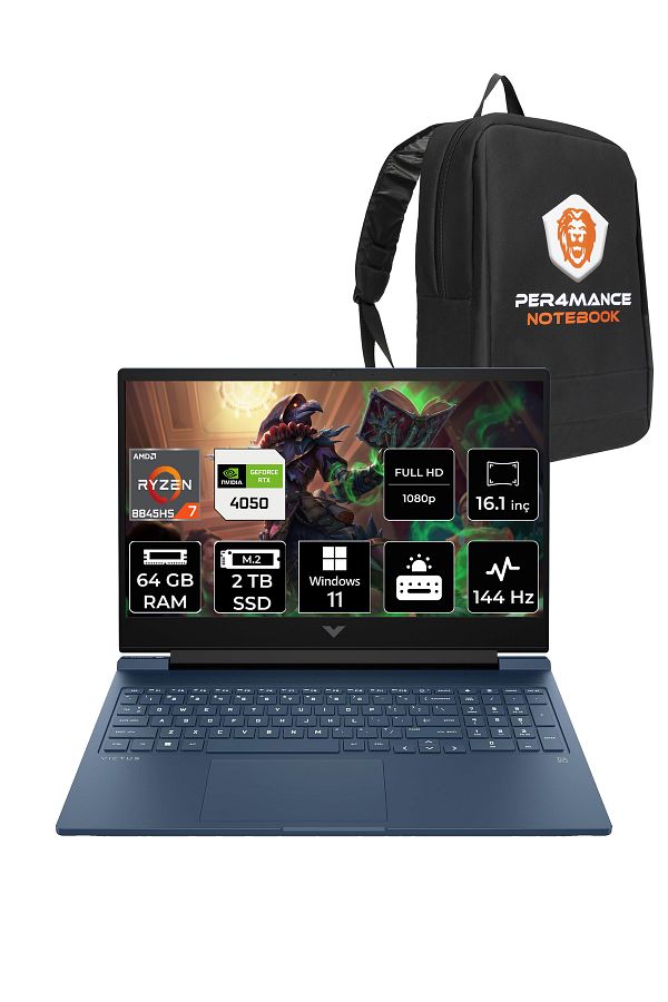 HP Victus 16 R7 8845HS 64GB DDR5 2TB SSD RTX4050/6GB 144Hz 16.1'' W11H Gaming Laptop & PER4 ÇANTA