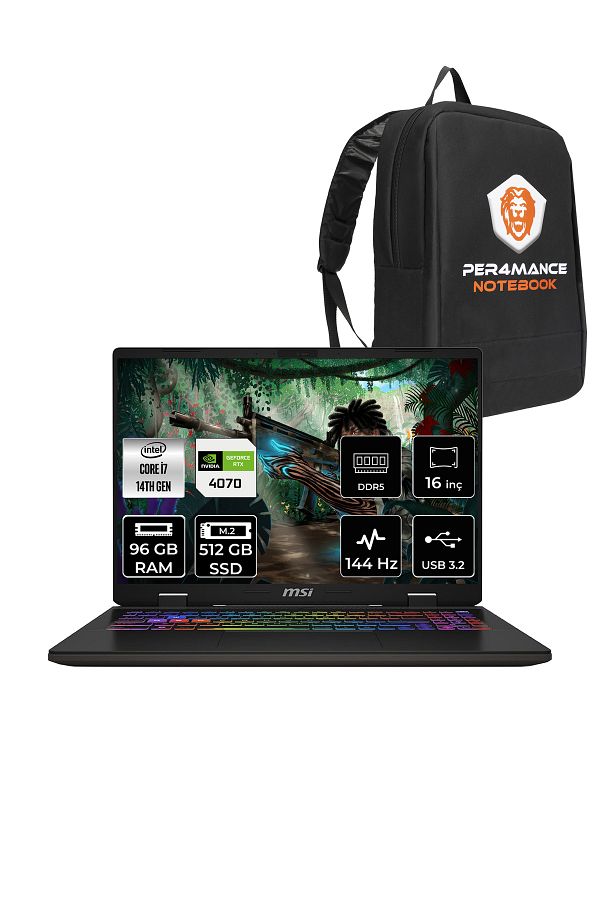MSI SWORD 16 HX B14VGKG i7-14650HX 96GB 512GB SSD RTX4070/8GB 105W 16" FHD+ 144HZ FDOS & PER4 ÇANTA