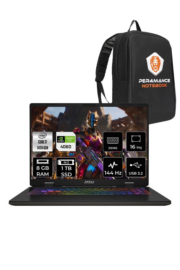 MSI SWORD 16 HX B14VFKG i7-14700HX 8GB 1TB SSD RTX4060/8GB 105W 16" FHD+ 144HZ FDOS & PER4 ÇANTA