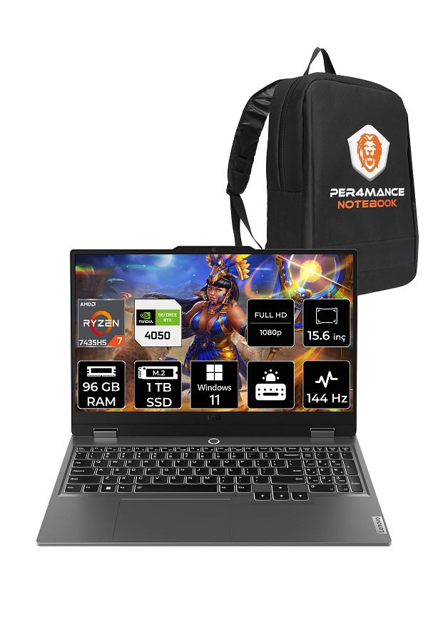 LENOVO LOQ R7 7435HS 96GB 1TB SSD RTX4050/6GB 105W 144Hz FHD 15.6" W11H Gaming Laptop & PER4 ÇANTA