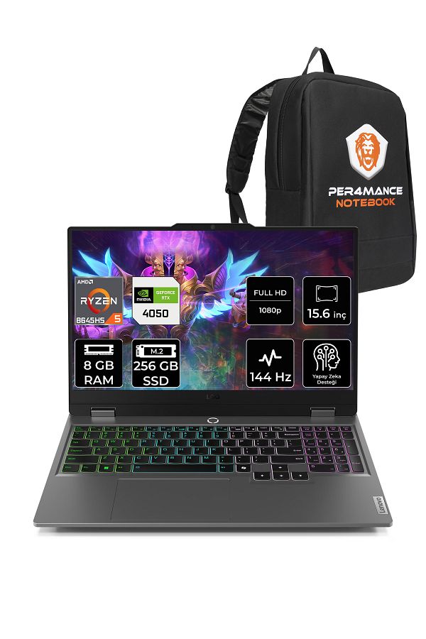 LENOVO LOQ AI R5 8645HS 8GB 256GB SSD RTX4050/6GB 105W FHD 15.6" FDOS Gaming Laptop & PER4 ÇANTA