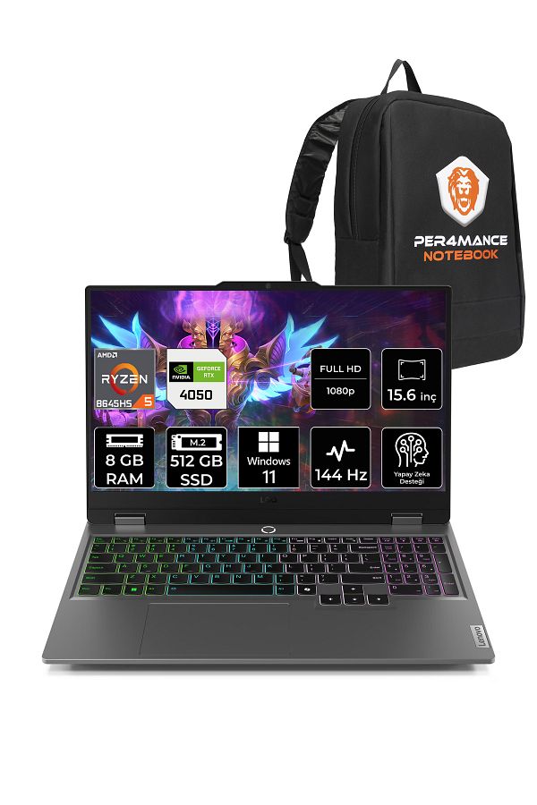 LENOVO LOQ AI R5 8645HS 8GB 512GB SSD RTX4050/6GB 105W FHD 15.6" W11H Gaming Laptop & PER4 ÇANTA
