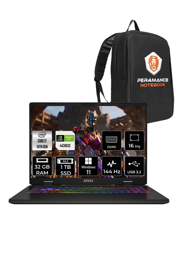 MSI SWORD 16 HX B14VFKG i7-14700HX 32GB 1TB SSD RTX4060/8GB 105W 16" FHD+ 144HZ W11P & PER4 ÇANTA