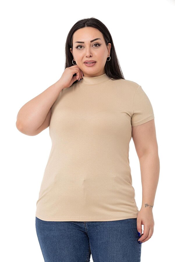 Mock Neck Short Sleeve Viscose Bodysuit — Beige