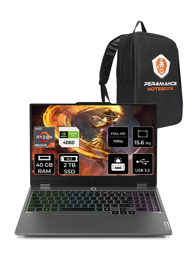 LENOVO LOQ AI R7 8845HS 40GB 2TB SSD RTX4060/8GB 115W FHD 15.6" FDOS Gaming Laptop & PER4 ÇANTA