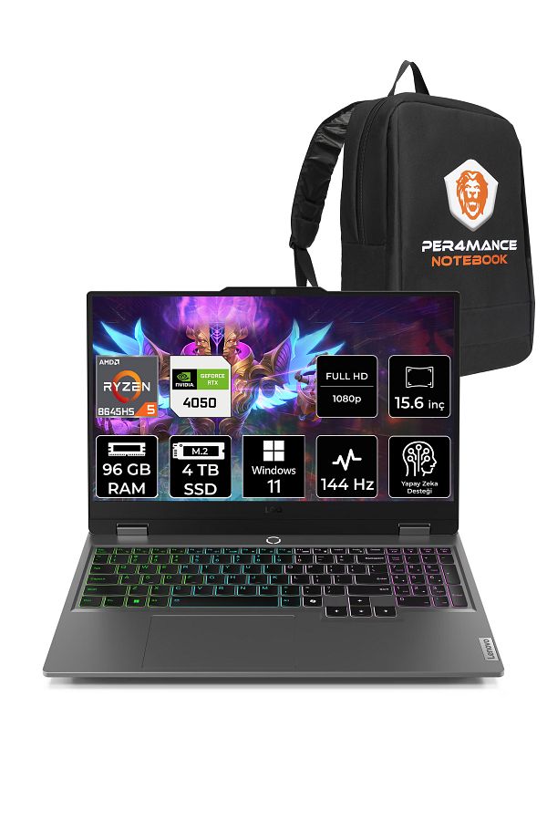 LENOVO LOQ AI R5 8645HS 96GB 4TB SSD RTX4050/6GB 105W FHD 15.6" W11P Gaming Laptop & PER4 ÇANTA