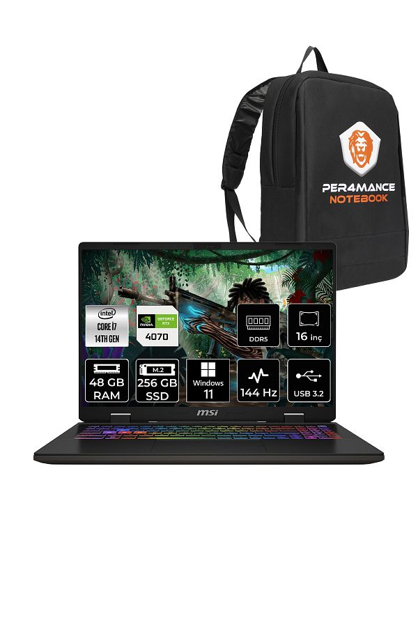 MSI SWORD 16 HX B14VGKG i7-14650HX 48GB 256GB SSD RTX4070/8GB 105W 16" FHD+ 144HZ W11P & PER4 ÇANTA