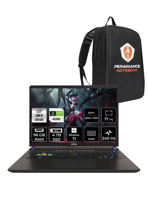 MSI Vector 17 HX A14VIG i9-14900HX 96GB 4TB SSD RTX4090/16 17" QHD+ 240HZ W11P & PER4 ÇANTA