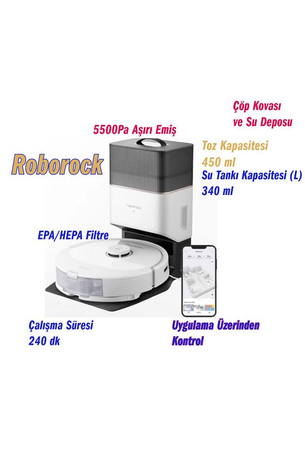 Roborock PREMİUM Lüx Plus Çöp İstasyonlu Akıllı Robot Süpürge Beyaz