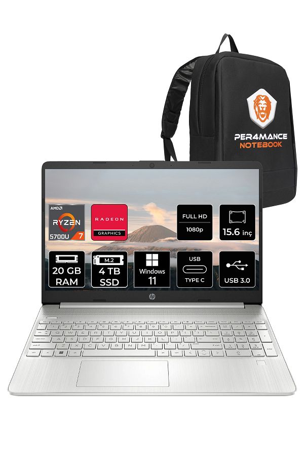 HP 15S-EQ2000NT R7 5700U 20GB RAM 4TB SSD 15.6'' Full HD W11P Dizüstü Bilgisayar & PER4 ÇANTA