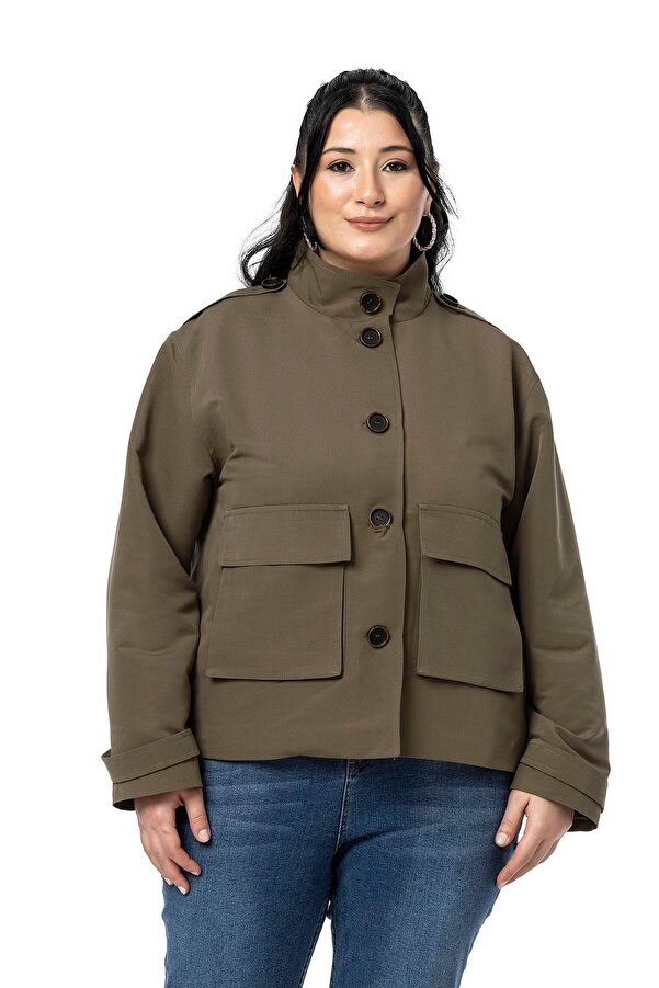 High Neck Flap-detail Patch-pocket Lined Short Trench Coat — Khaki