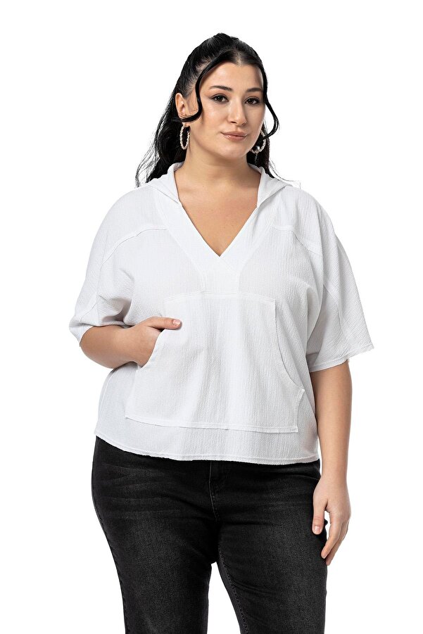 Kangaroo-pocket with Pockets V-neck Hooded Kirli Stitched Blouse &mdash; White