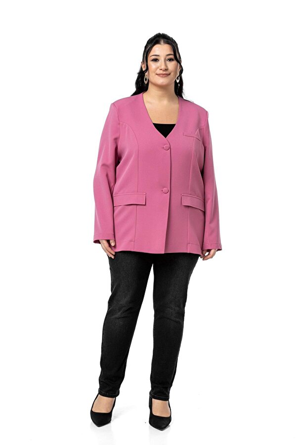 Coated Buttoned Decorative Flap-pocket Padded-shoulder Jacket — Dusty Rose