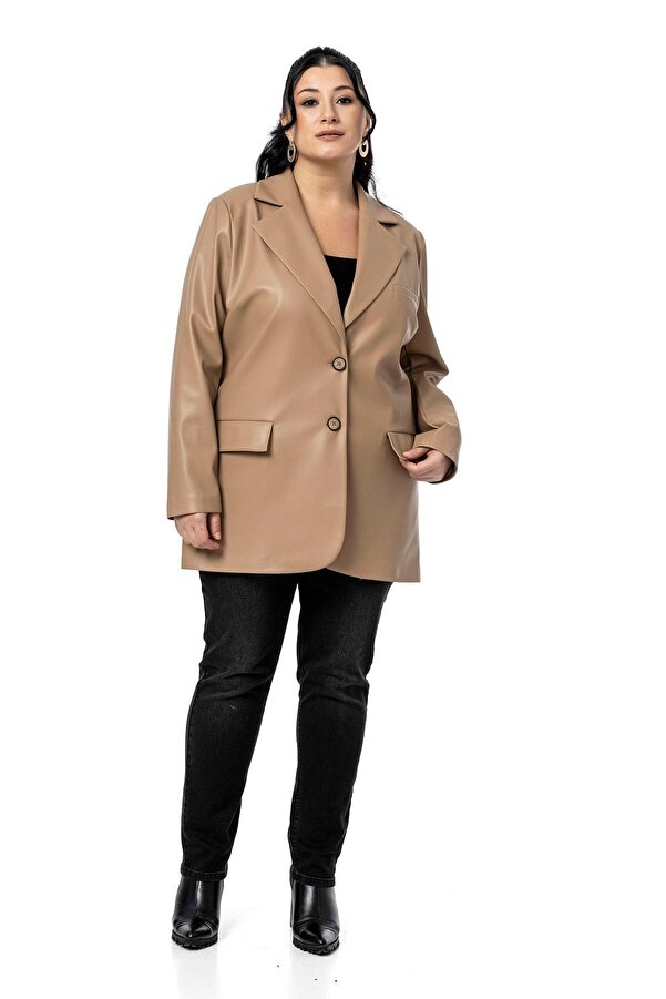 Flap-detail with Pockets Buttoned Lined Leather-look Jacket &mdash; Beige
