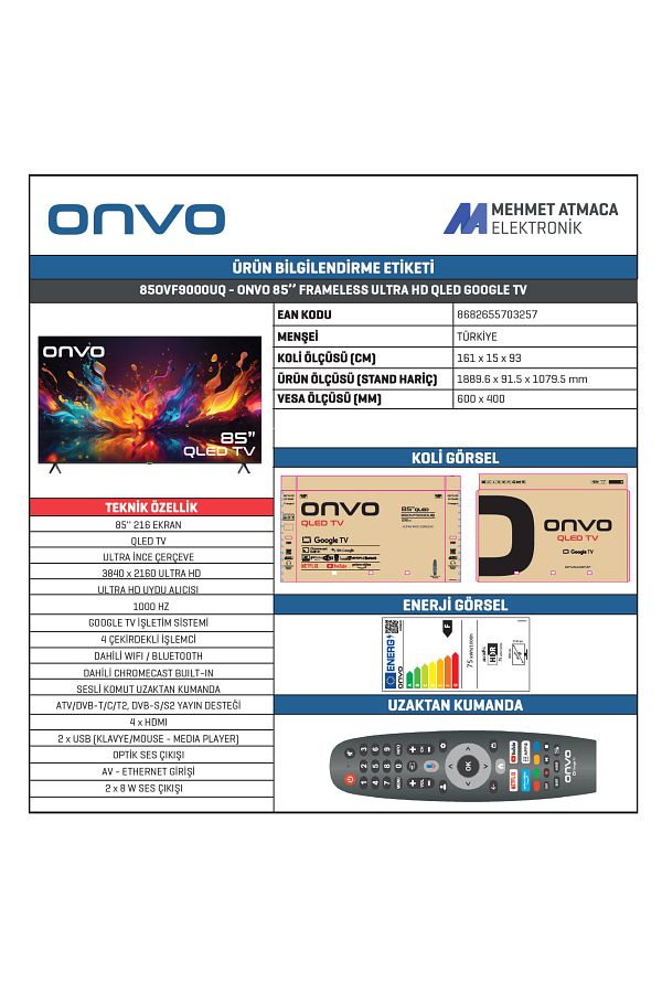ONVO 85OVF9000UQ 85" 216 Ekran Uydu Alıcılı 4K Ultra HD Google Smart QLED TV - Görsel 3