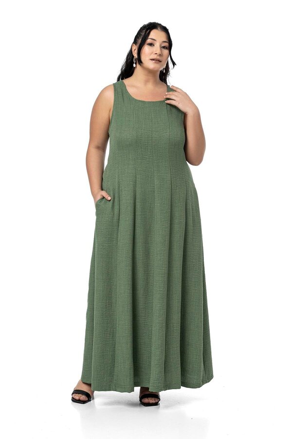 Back Smocked Side with Pockets Sleeveless Long Dress — Khaki