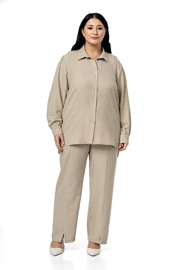 Pearl Detail Shirt Trousers Two-piece Set — Beige