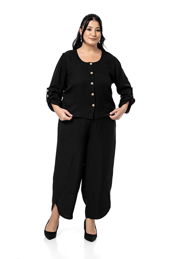 Hem-detail Blouse Trousers Two-piece Set — Black