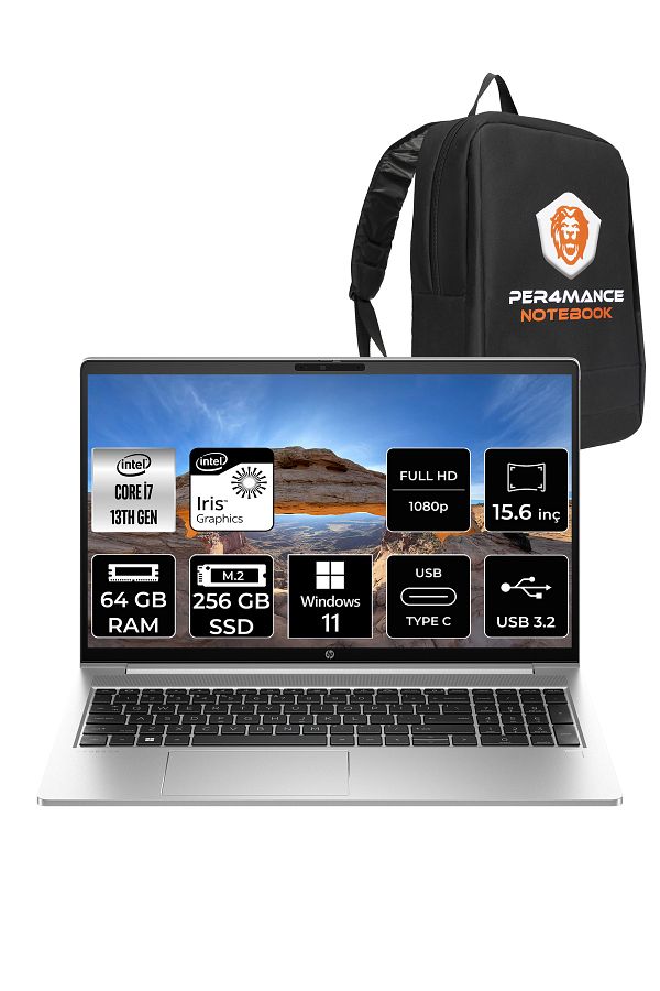 HP ProBook 450 G10 i7 1355U 64GB RAM 256GB SSD 15.6'' FHD W11HOME Dizüstü Bilgisayar & PER4 ÇANTA