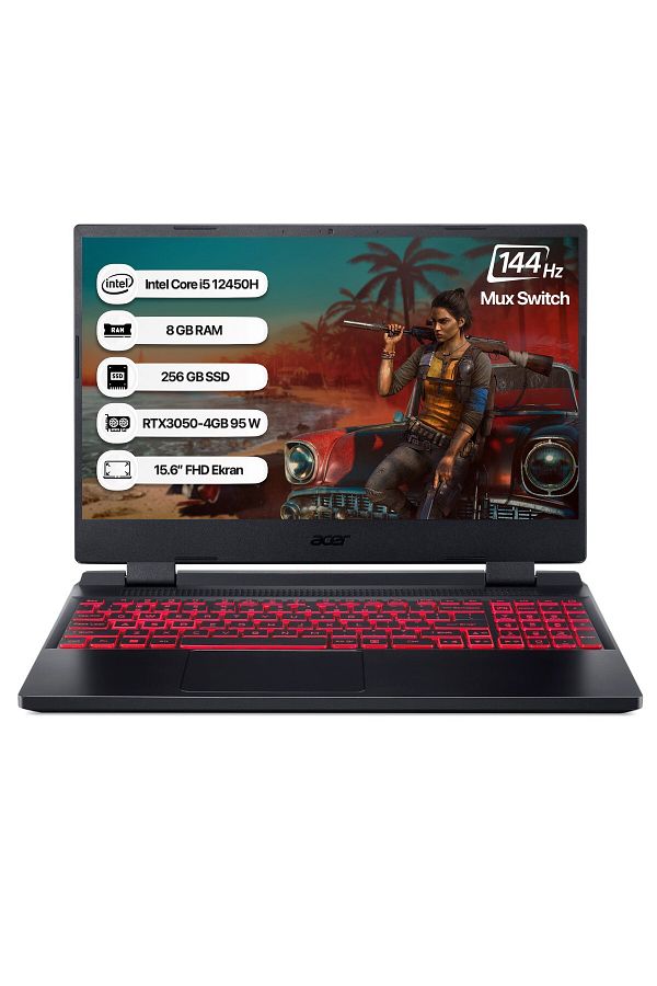 ACER Nitro5 Intel Core i5-12450H 8GB 256GB SSD RTX3050 Linux 15.6" 144Hz Siyah Gaming Laptop NH.QFJEY.00A