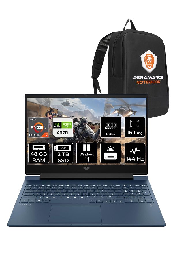 HP Victus 16 R7 8840H 48GB RAM 2TB SSD RTX4070/8GB 144Hz 16.1'' FHD W11H Gaming Laptop & PER4 ÇANTA
