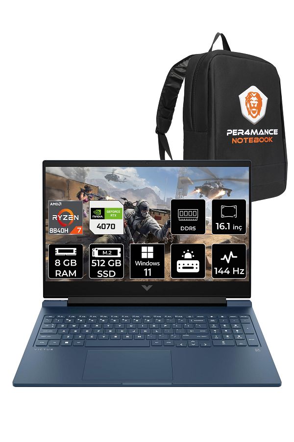 HP Victus 16 R7 8840H 8GB RAM 512GB SSD RTX4070/8GB 144Hz 16.1'' FHD W11P Gaming Laptop & PER4 ÇANTA