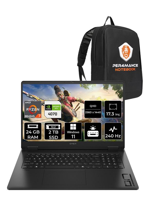 HP OMEN 17 R7 8845HS 24GB RAM 2TB SSD RTX4070/8GB 240Hz 17.3'' QHD W11H Gaming Laptop & PER4 ÇANTA