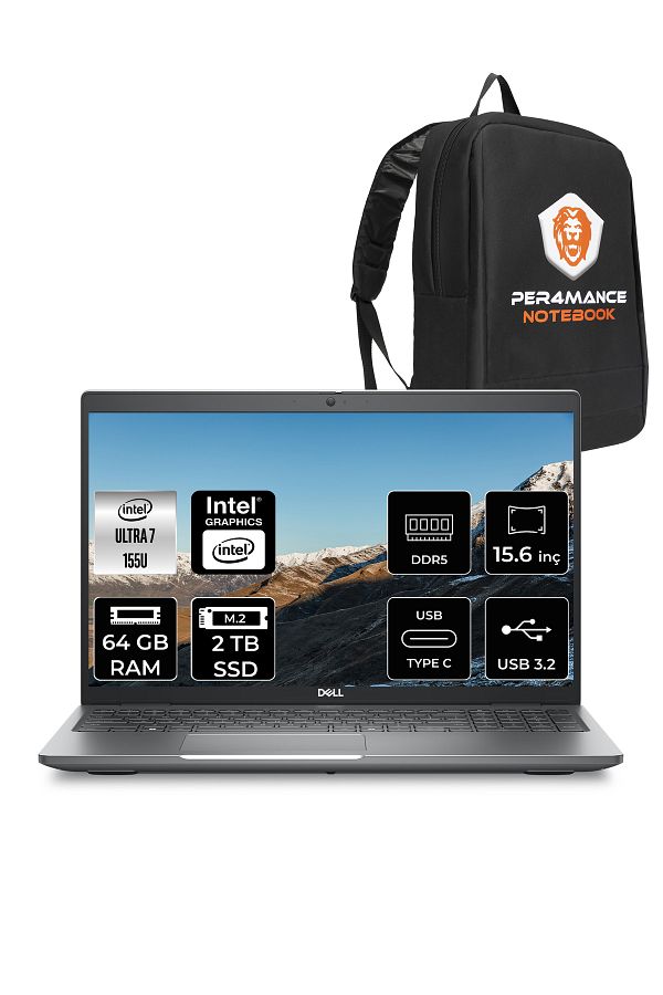 Dell Latitude 5550 Ultra 7 155U 64GB DDR5 2TB SSD 15.6'' FHD FDOS Dizüstü Bilgisayar & PER4 ÇANTA