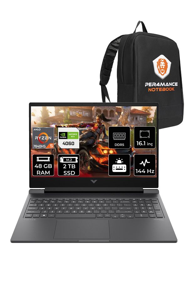 HP Victus 16 R5 7640HS 48GB RAM 2TB SSD RTX4060/8GB 144Hz 16.1'' FHD FDOS Gaming Laptop & PER4 ÇANTA