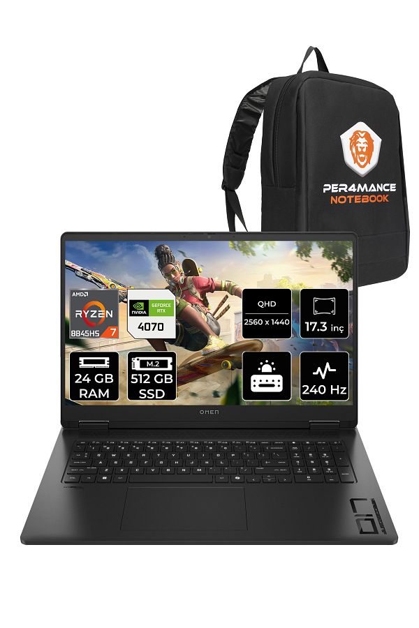 HP OMEN 17 R7 8845HS 24GB RAM 512GB SSD RTX4070/8GB 240Hz 17.3'' QHD FDOS Gaming Laptop & PER4 ÇANTA