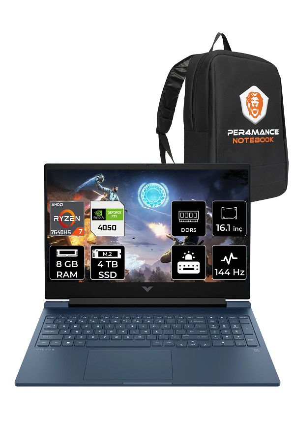 HP Victus 16 R7 7840HS 8GB RAM 4TB SSD RTX4050/6GB 144Hz 16.1'' FHD FDOS Gaming Laptop & PER4 ÇANTA