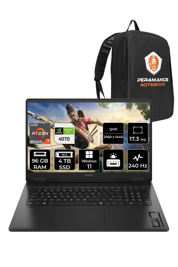 HP OMEN 17 R7 8845HS 96GB RAM 4TB SSD RTX4070/8GB 240Hz 17.3'' QHD W11P Gaming Laptop & PER4 ÇANTA