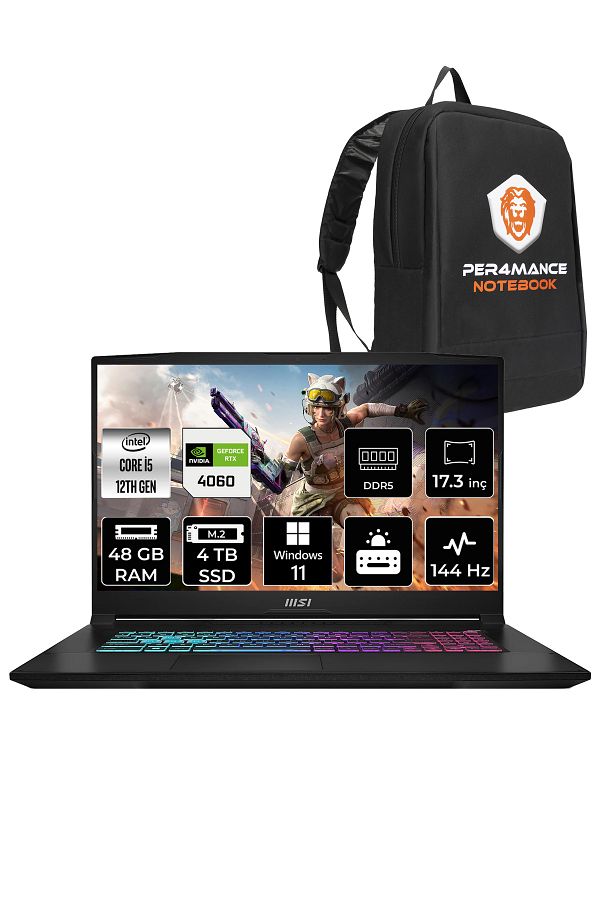 MSI Katana 17 B12VFK31 i5 12450H 48GB 4TB SSD RTX4060/8GB 105W 17.3" FHD 144Hz W11H  & PER4 ÇANTA