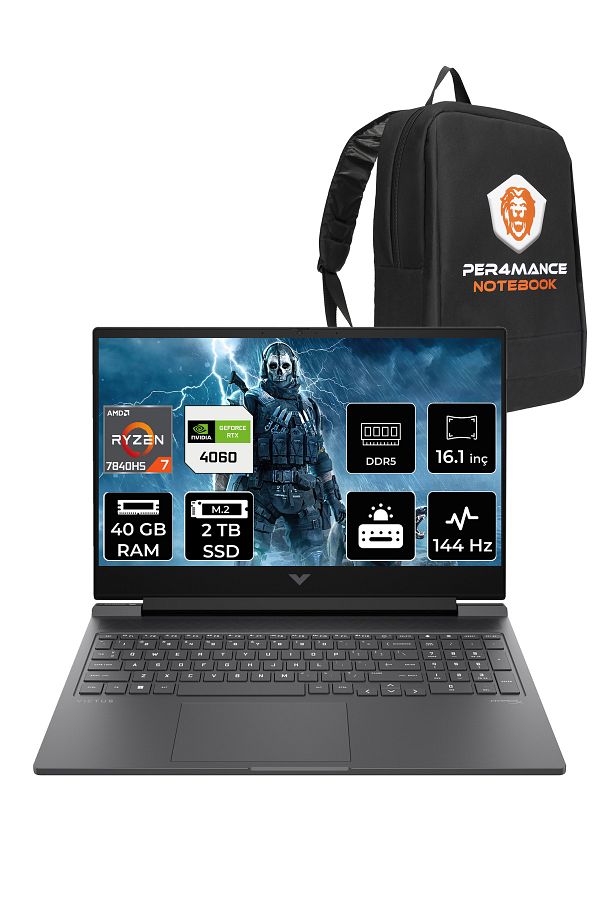 HP Victus 16 R7 7840HS 40GB RAM 2TB SSD RTX4060/8GB 165Hz 16.1'' FHD FDOS Gaming Laptop & PER4 ÇANTA