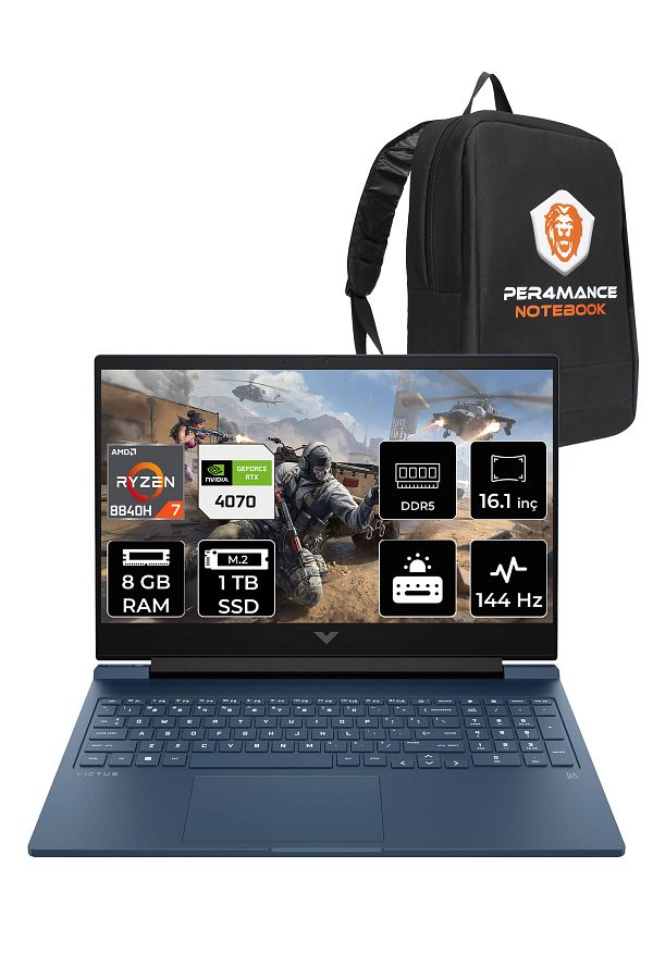 HP Victus 16 R7 8840H 8GB RAM 1TB SSD RTX4070/8GB 144Hz 16.1'' FHD FDOS Gaming Laptop & PER4 ÇANTA