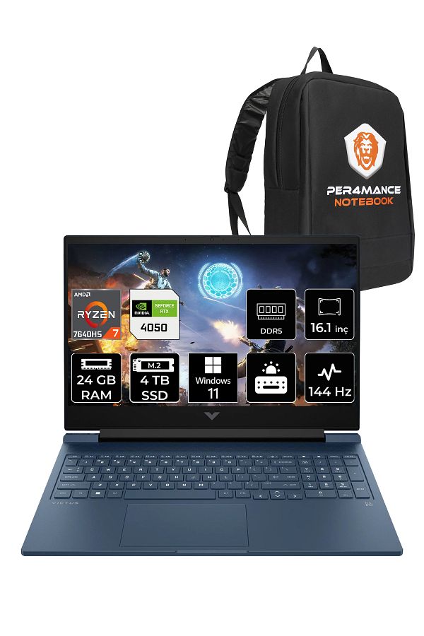 HP Victus 16 R7 7840HS 24GB RAM 4TB SSD RTX4050/6GB 144Hz 16.1'' FHD W11H Gaming Laptop & PER4 ÇANTA
