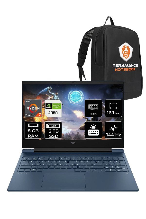 HP Victus 16 R7 7840HS 8GB RAM 2TB SSD RTX4050/6GB 144Hz 16.1'' FHD FDOS Gaming Laptop & PER4 ÇANTA