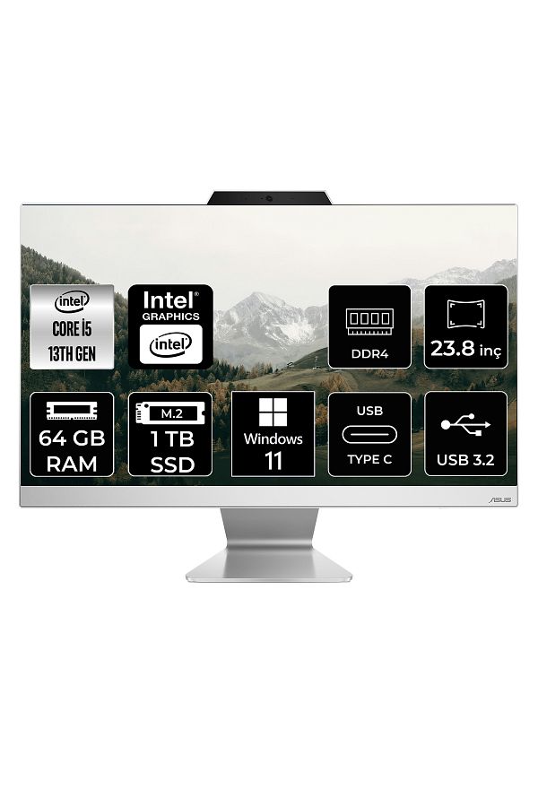 ASUS A3402 i5 1335U 64GB 1TB SSD 23.8" FHD W11H All In One Bilgisayar & Per4 Bellek