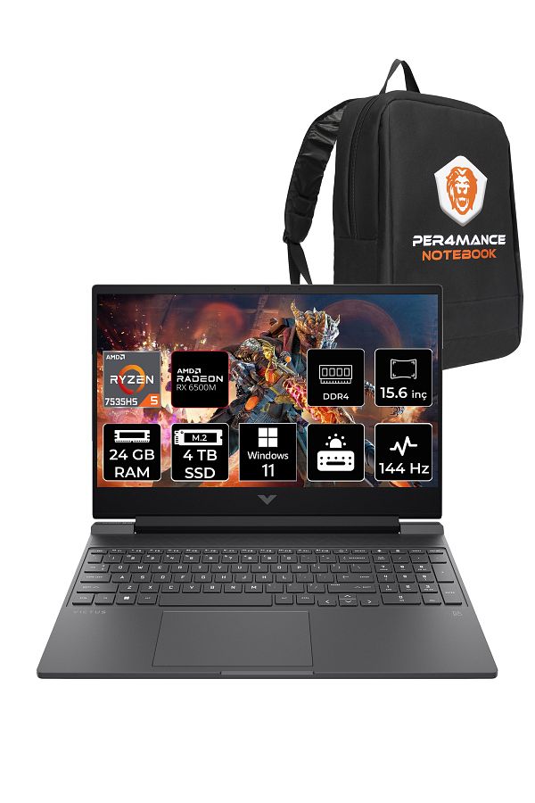 HP Victus 15 R5 7535HS 24GB 4TB SSD RX6550M/4GB 144Hz 15.6'' FHD W11H Gaming Laptop & PER4 ÇANTA