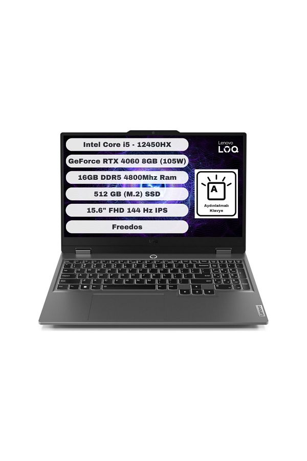 LENOVO LOQ 15IAX9 Intel Core i5 12450HX 16GB 512GB SSD RTX4060 Freedos 15.6" FHD 144Hz 83GS0060TR