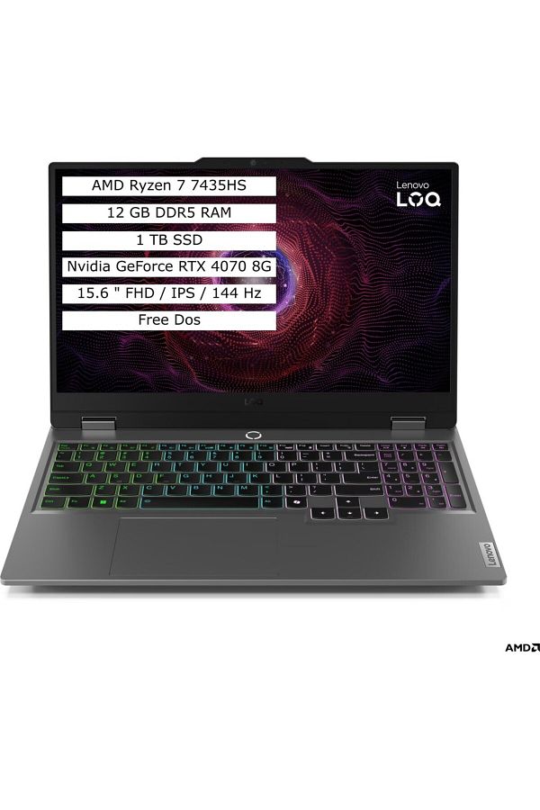 LENOVO LOQ 15ARP9 R7-7435HS 12G 1TB SSD RTX4070 8G 15.6 FHD FDos Taşınabilir Bilgisayar 83JC00CUTR