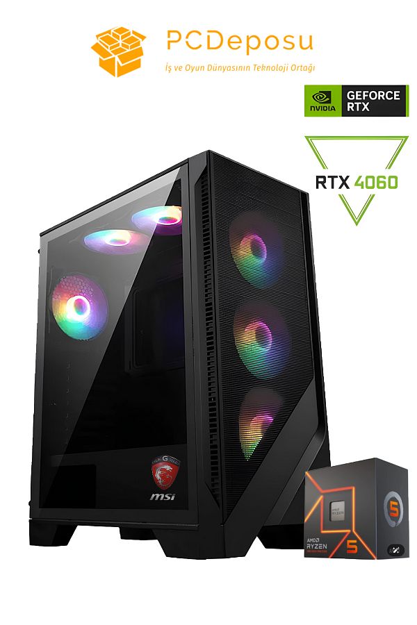 MSI RYZEN 7500F RTX 4060 Gaming PC | 16GB RAM, 500GB SSD, MSI MAG Kasa, 6 Fanlı Sistem