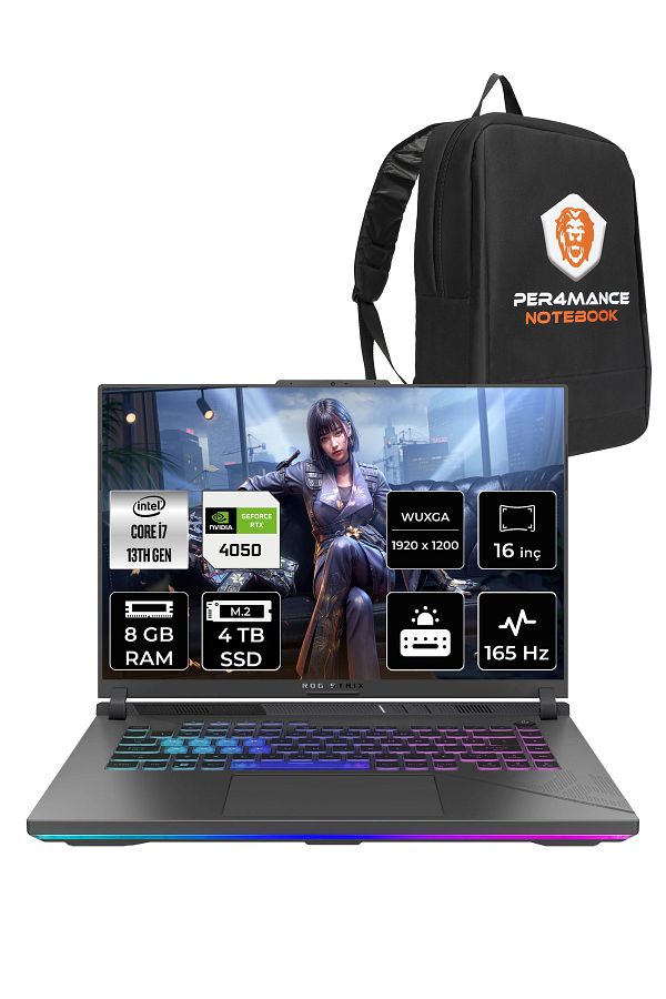 ASUS ROG Strix G16 i7-13650HX 8GB 4TB SSD RTX4050/6GB 140W 165HZ 16" WUXGA FDOS N3194 & PER4 ÇANTA