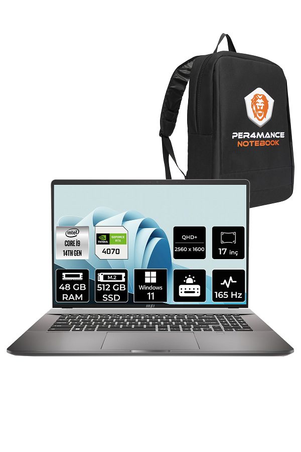 MSI Creator Z17 i7-14700HX 48GB 512GB SSD RTX4060/8GB 17" QHD+ 165Hz W11H Dokunmatik & PER4 ÇANTA
