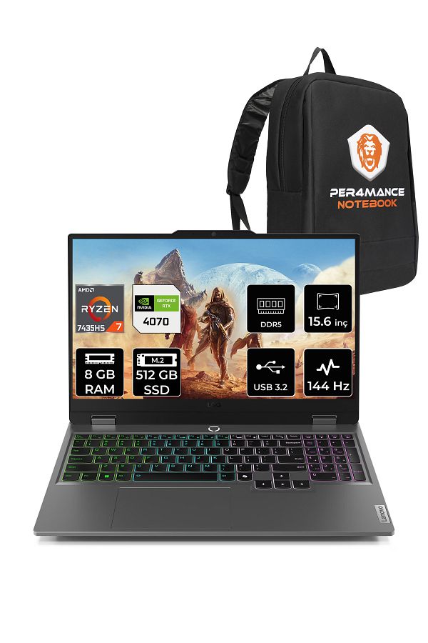 LENOVO LOQ R7 7435HS 8GB 512GB SSD RTX4070/8GB 115W 144Hz FHD 15.6" FDOS Gaming Laptop & PER4 ÇANTA